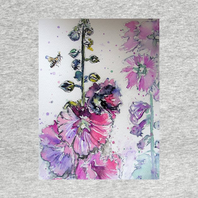 Pink Hollyhock Flowers and Bee Watercolor by SarahRajkotwala